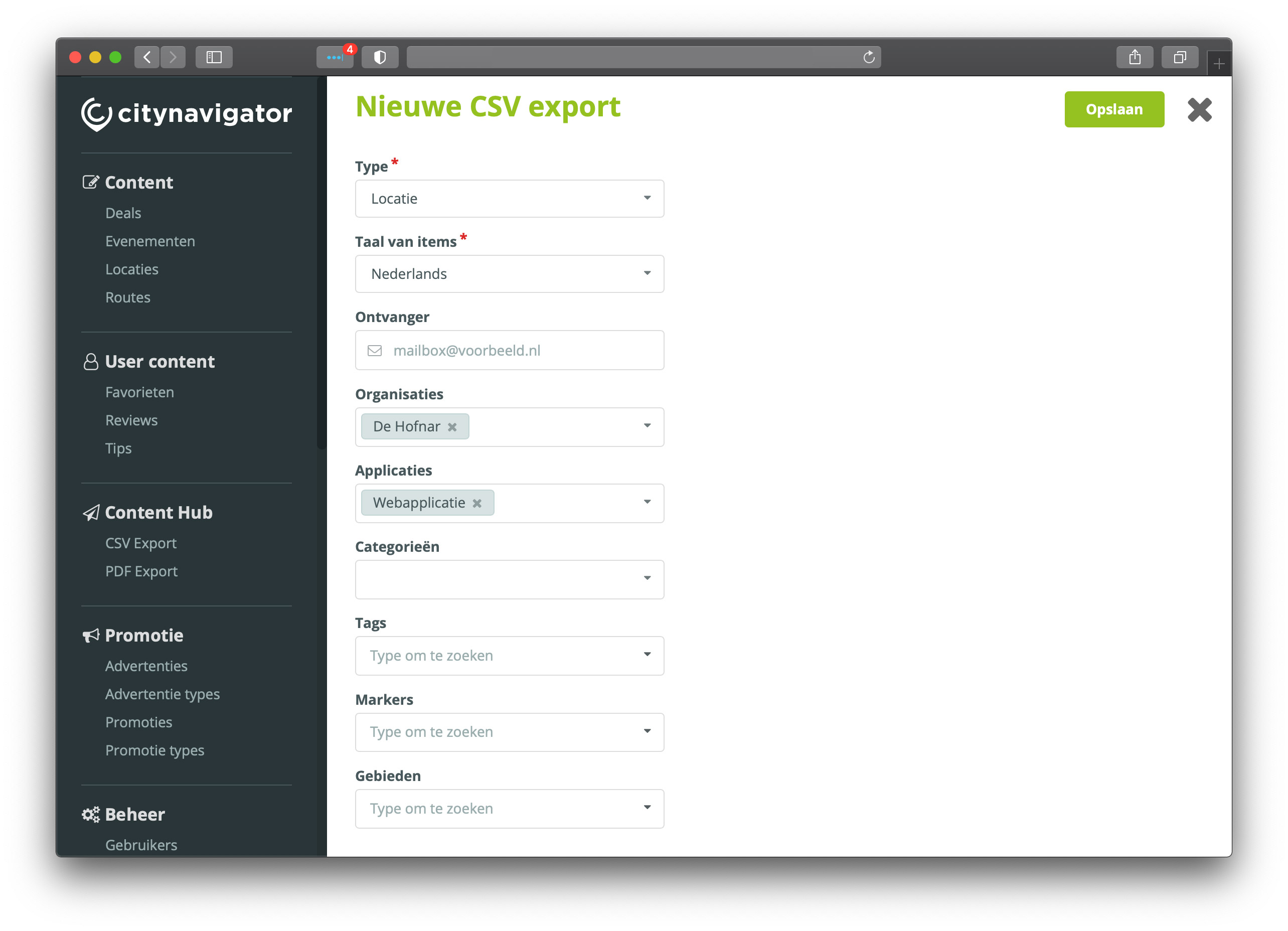 Screenshot met instellingen voor het maken van een CSV export